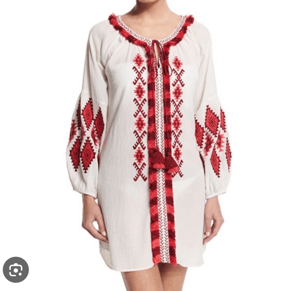 Figue White Red Embroidered Long‎ Sleeve Tula Dress Medium Aztec Southwestern